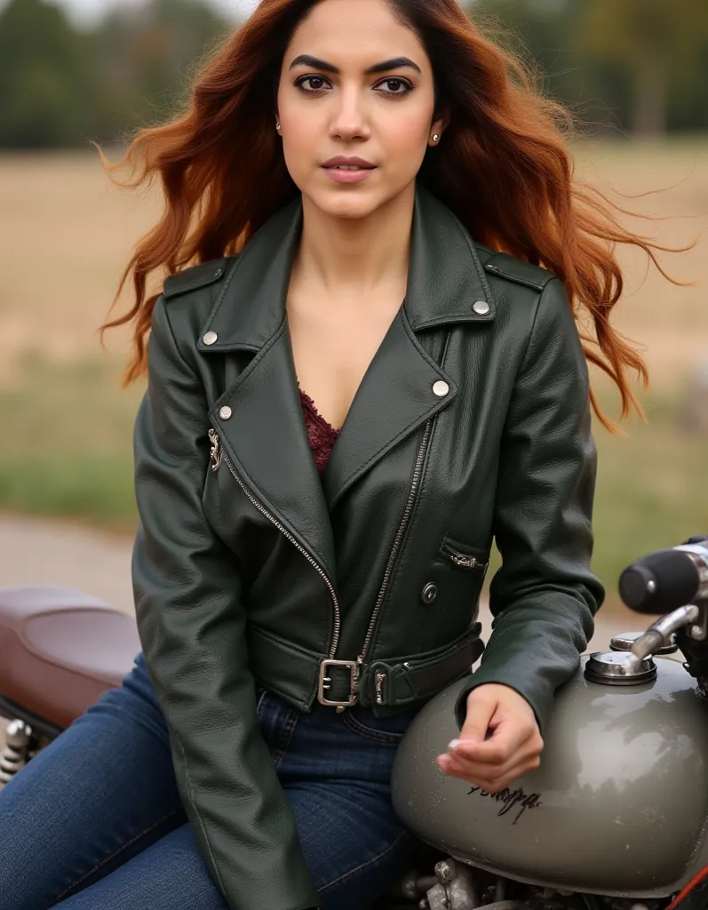 the strikingly beautiful woman clad in a realistically worn yet timelessly fashionable motorcycle jacket, confidently sat on her sleek vintage bike with her flowing, radiant reddish-brown locks gently caressing the cool leather of the seat as she awaited h...