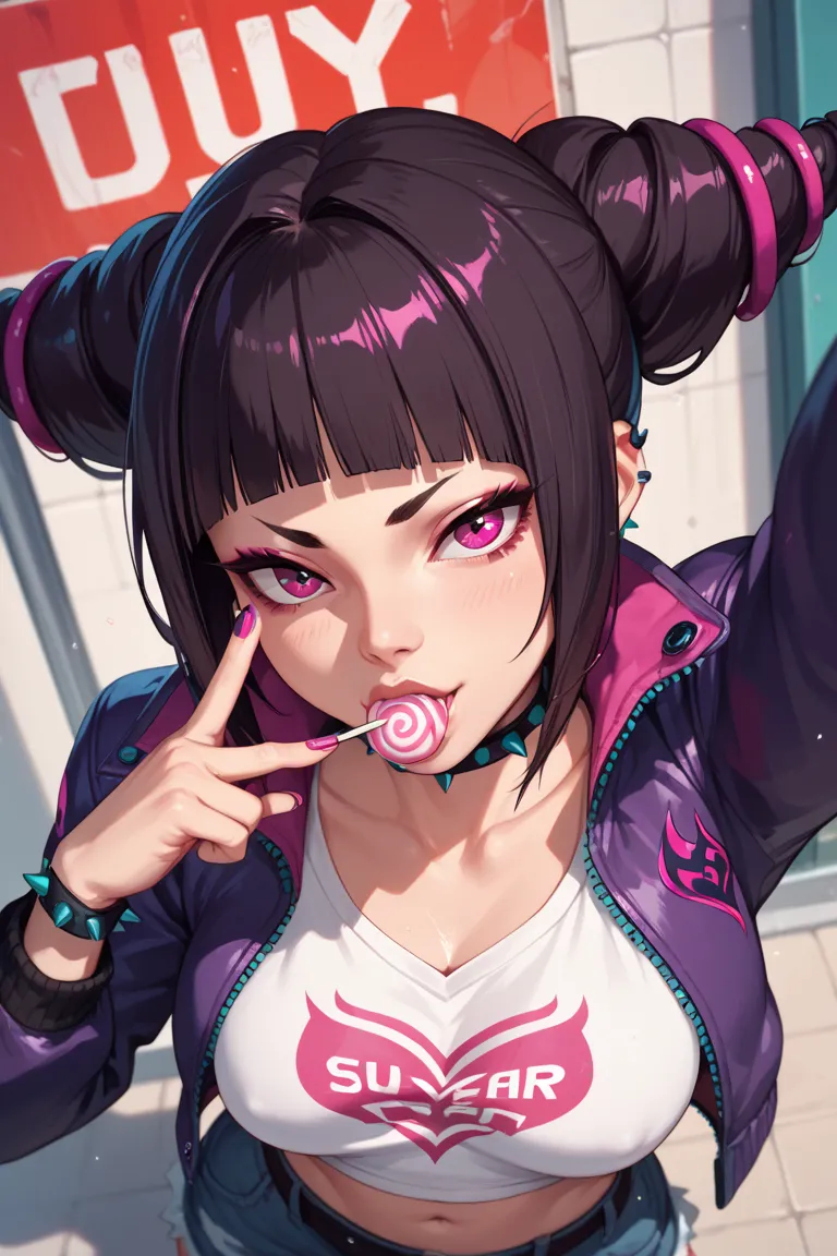 juri han, making a sign of "peace and love",  with a lollipop in her mouth, Next to a Deoxys, angle seen from above