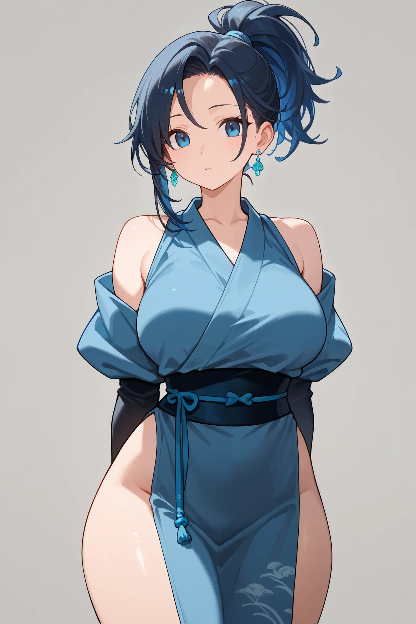 1 girl, Hair tied in ponytail, Black hair with some blue hair on the edges., blue eyes, but not bright, curvy body, wear a sexy kunoichi outfit, หน้าอกไซส์ปานกลาง, have a sliver earrings.