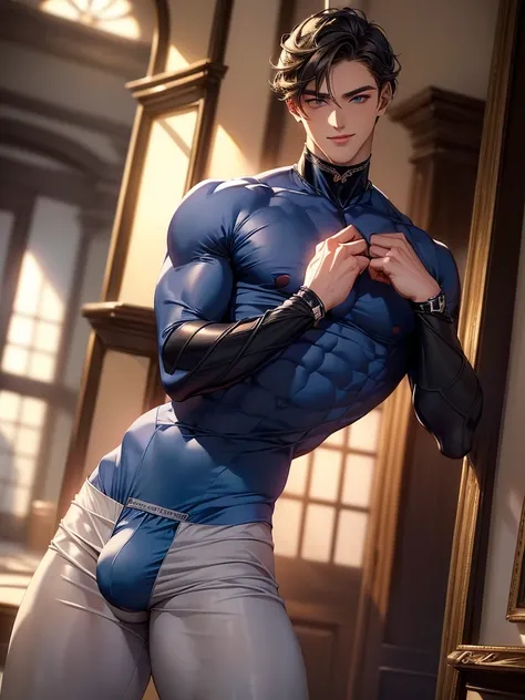  (masterpiece,best quality,ultra_detailed,highres,absurdres), (detailed shadow), (quality light),1 (young_ikemen_male:2.0) (with bulge:1.4), (slanty_eyes), 30-ish, (muscleale focus), (solo:1.8), short black Quiff hair with Soft Fringe (bangs part on side 3...