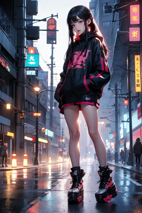 Lisa from Blackpink standing on a platform, wearing cyberpunk k-pop aestetic streetwear, artwork in the style of guweiz, anime style. 8k, style anime, kantai collection style, muted cyberpunk style, 2022 anime style, 2 0 2 2 anime style, wearing japanese t...