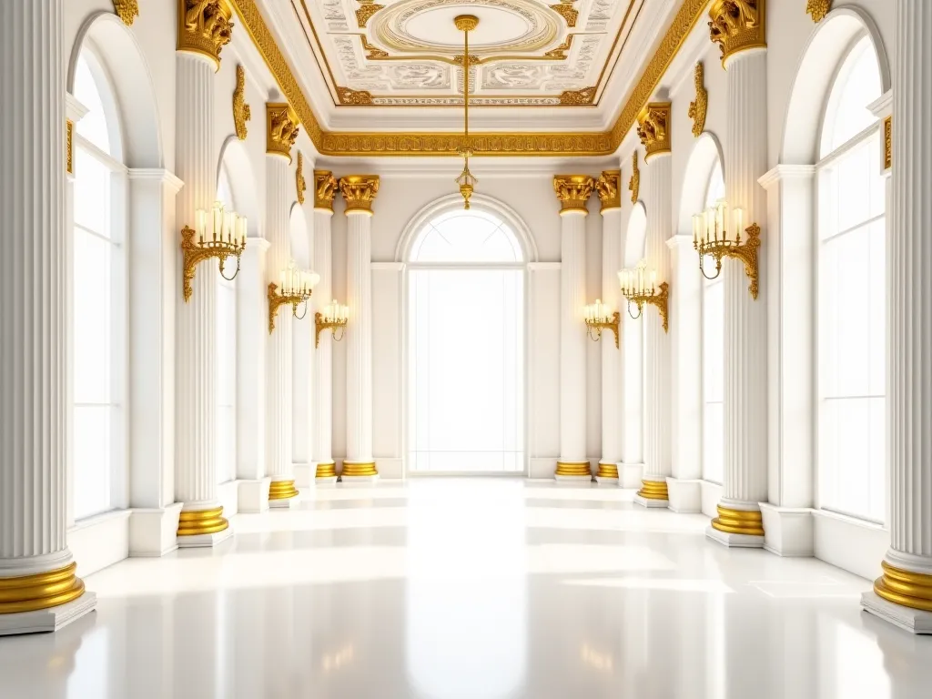 is a picture of a luxurious hall inspired by the royal classical style, with an elegant interior design in white and gold.. The hall has long columns decorated with luxurious gold decorations, and large curved windows that allow natural light to enter. The...