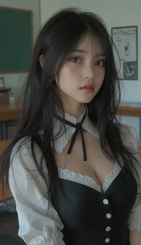 (masterpiece,latest,Exceptional:1.2),1 girl who died,Black school uniform,white blouse, classroom,Big Breasts、deep cleavage、Tight chest buttons
