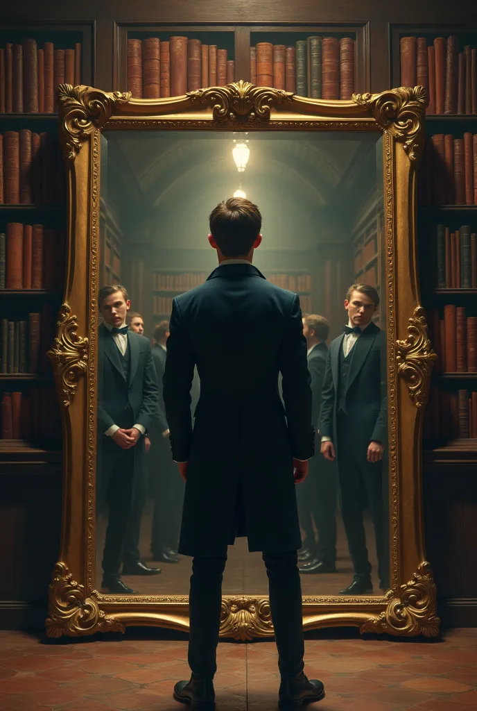 I want you to design an image for my novel. I want a young man to stand in front of five mirrors, each mirror different from the other, and the mirror will be large. The place where the young man and the mirrors are is an old library from the Victorian era...