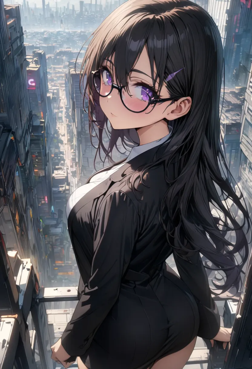 Hizuru Minakata, 1girl, Over the shoulder point of view, from above, cowboy shot, looking back, cyber city, Digital painting, kawaii anime, black long hair, purple eyes, black rim glasses, beautiful breasts, black suit, (masterpiece, best quality, very aes...