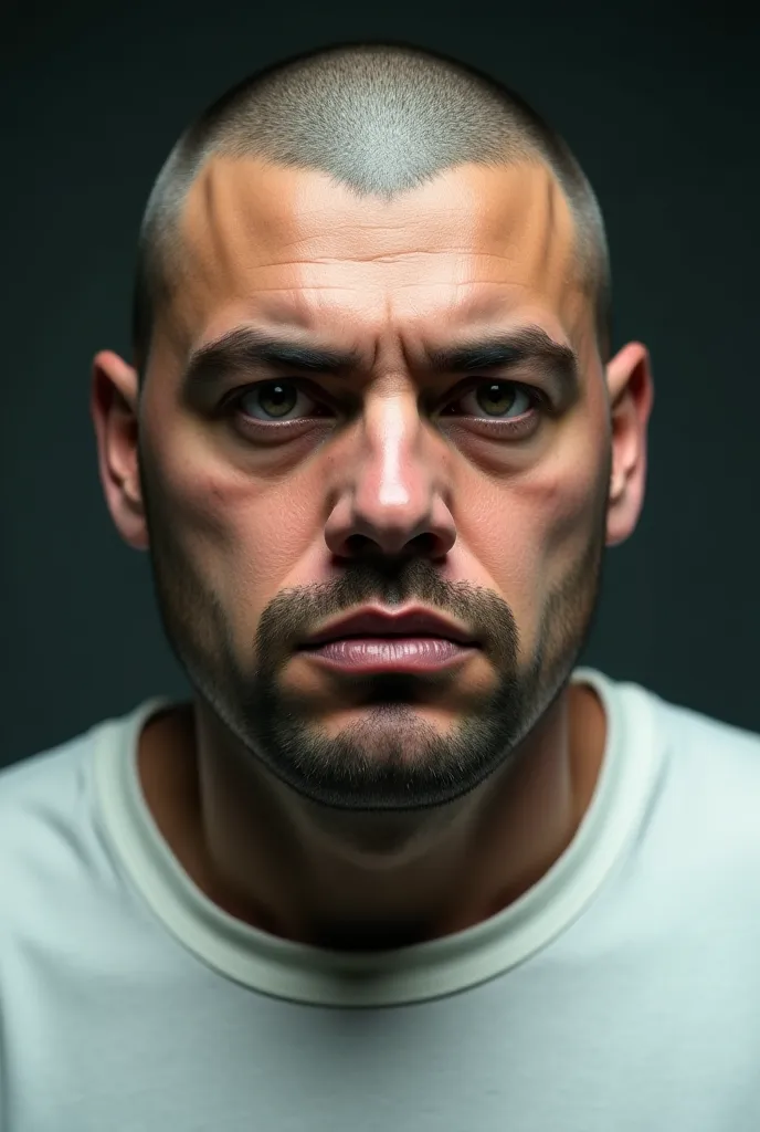 Create a realistic crime portrait in the style of a documentary investigation. The main object is a sturdy man, not thin, with a massive face. He has a shaved head,  thick eyebrows , dark eyes and characteristic facial features, pointing to Hispanic or mix...