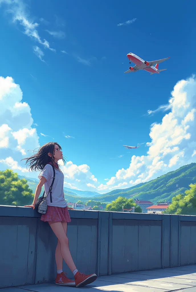 Japanese anime painting style。School Rooftop、A beautiful girl is leaning against the fence while looking up at the blue sky。Hair color and hairstyle、The outfit is random。The wind ruffles her hair、An airplane is flying in the distance。

