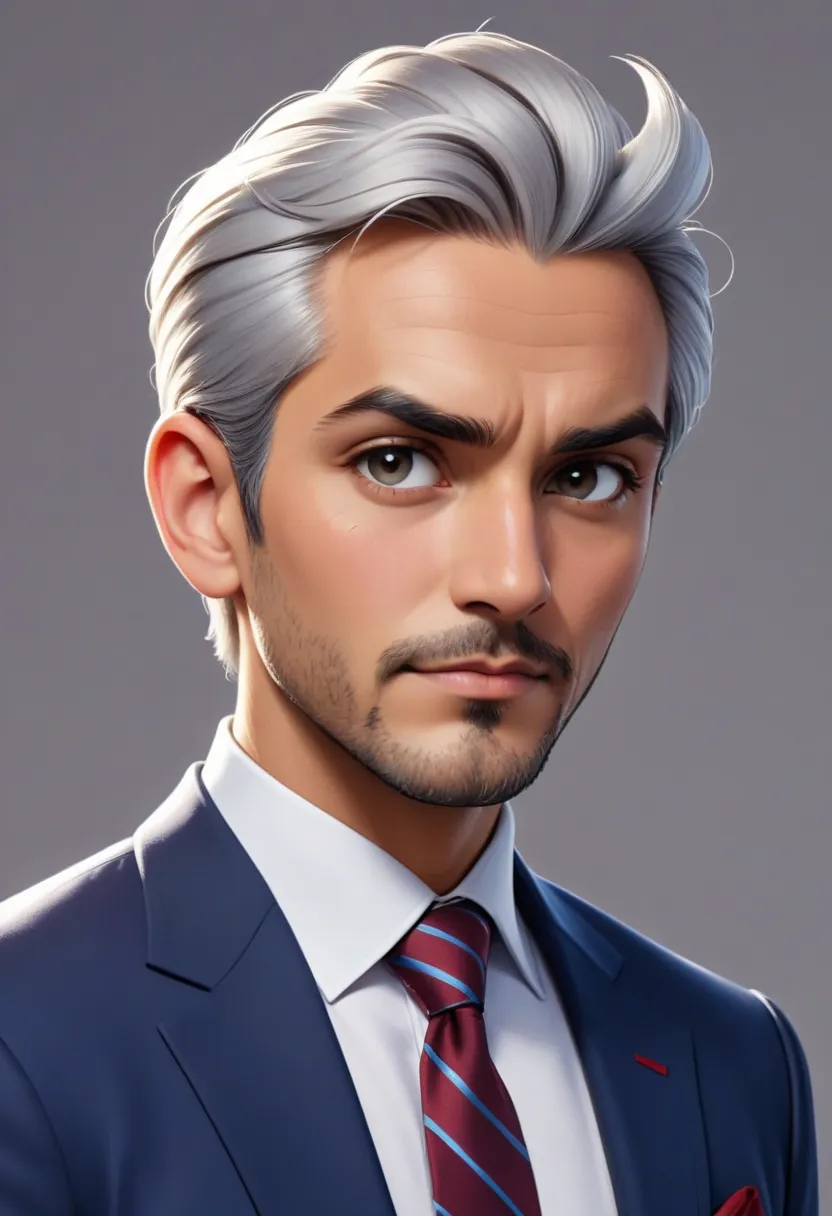 A middle-aged man with tan skin, short slicked-back silver hair, and a neatly trimmed beard. He wears a sharp navy-blue suit, a crisp white shirt, and a dark red tie. His expression is calm and composed, exuding wisdom and professionalism. A luxury wristwa...