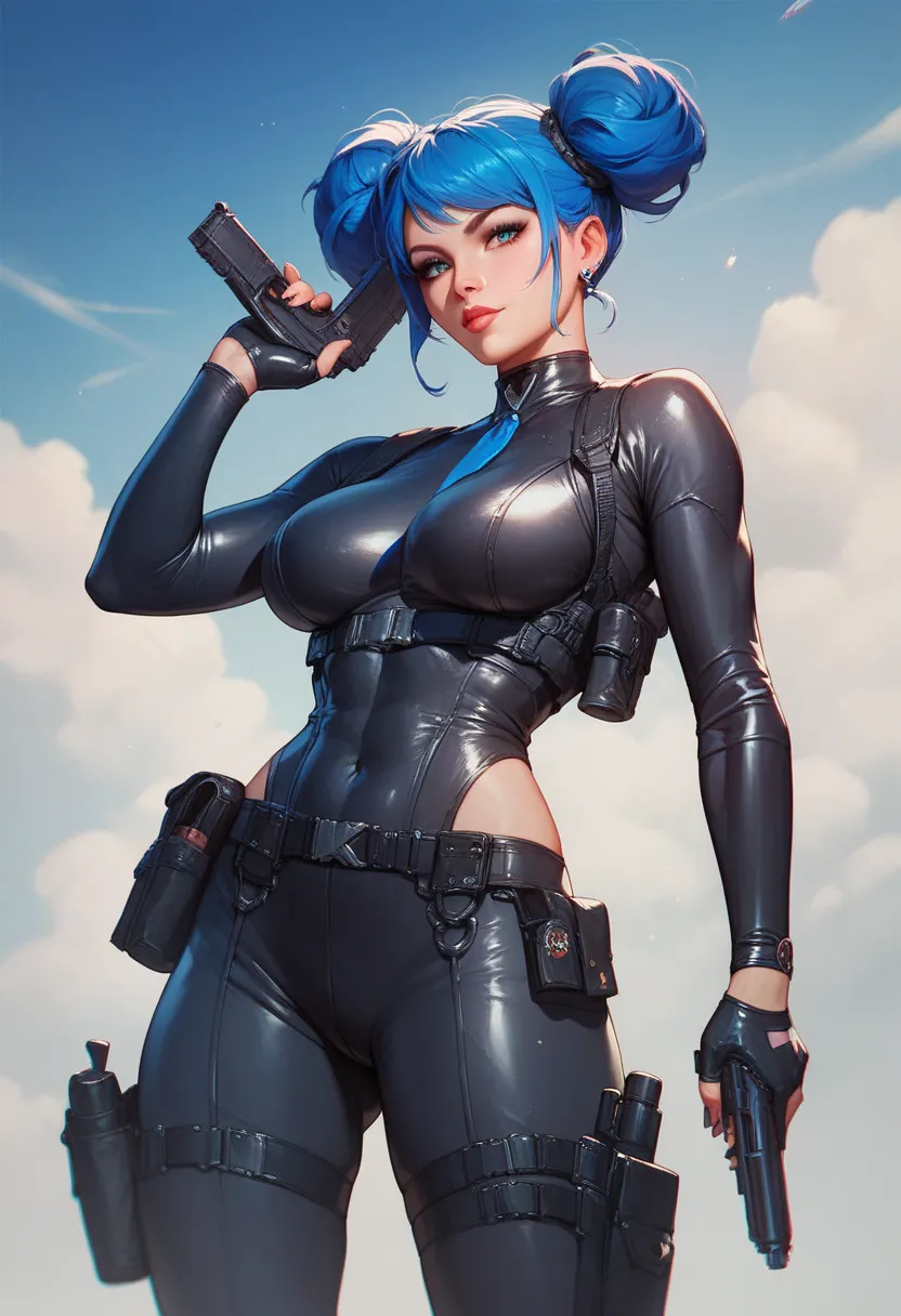 beautyfull woman, blue buns hair, blue hair, black catsuit, holsters, adult, holding guns
