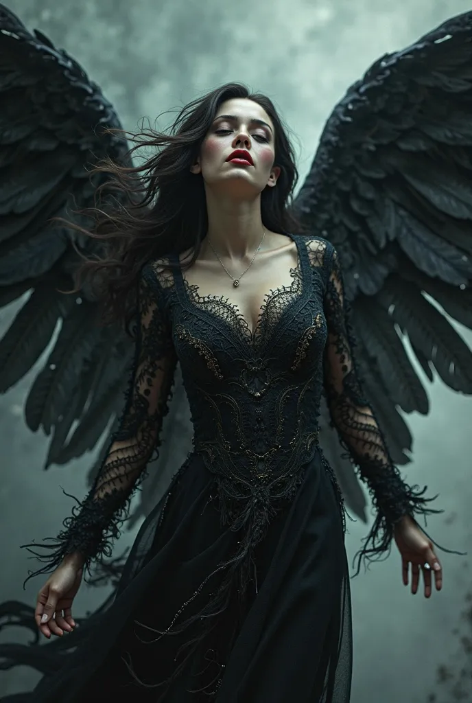 Dark Feathered Ancient Female Angel , Beautiful and with Dark lace cloths , Dark Hair Full body view , Full white eyes, Red lips, Flying