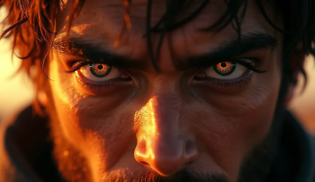 A close-up of the hero’s intense eyes, sharp and unwavering, filled with determination. The warm hues of the sunset reflect in his pupils, creating a striking cinematic effect. His gaze holds both resolve and deep emotional weight—he knows that this battle...