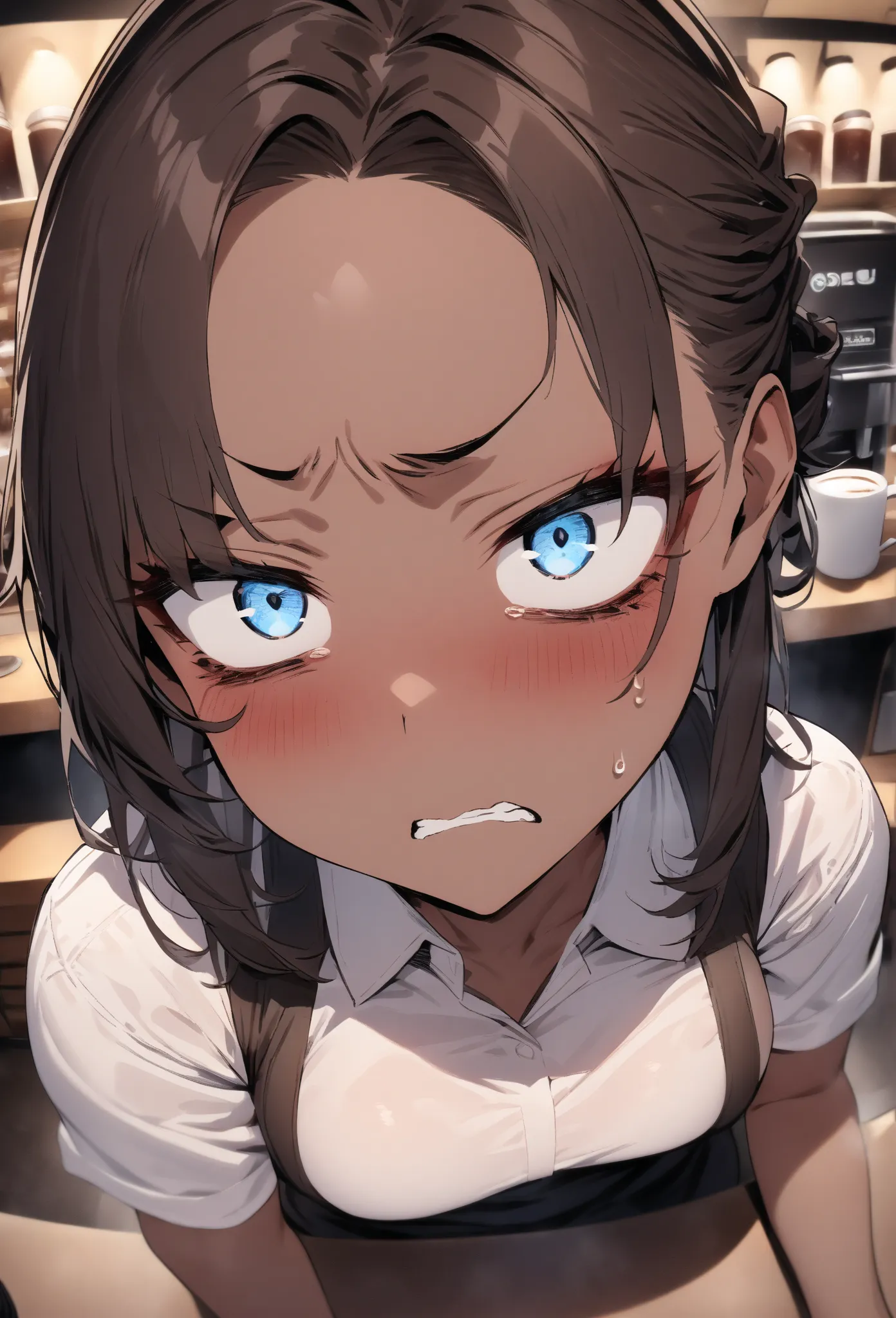 (masterpiece, best quality:1.2),(solo Barista pissed off at customer),dark skin,large eyes,in a coffee shop,(unhappy, disdain, endured face),(Disgusted Look:1.1),[fisheye]