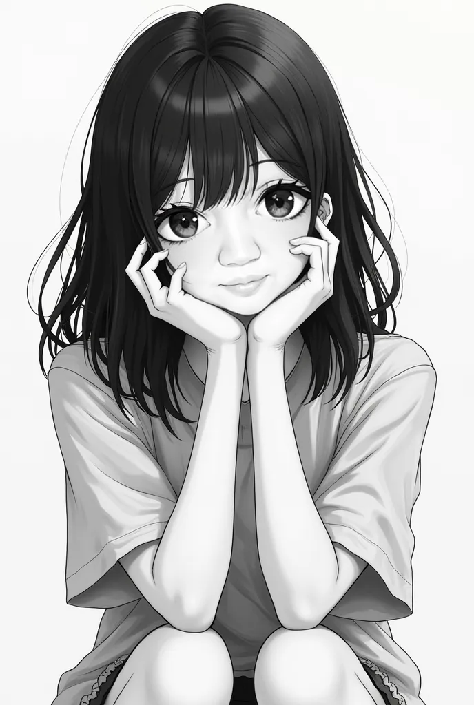 Girl cheek on hands and watching black and white vector