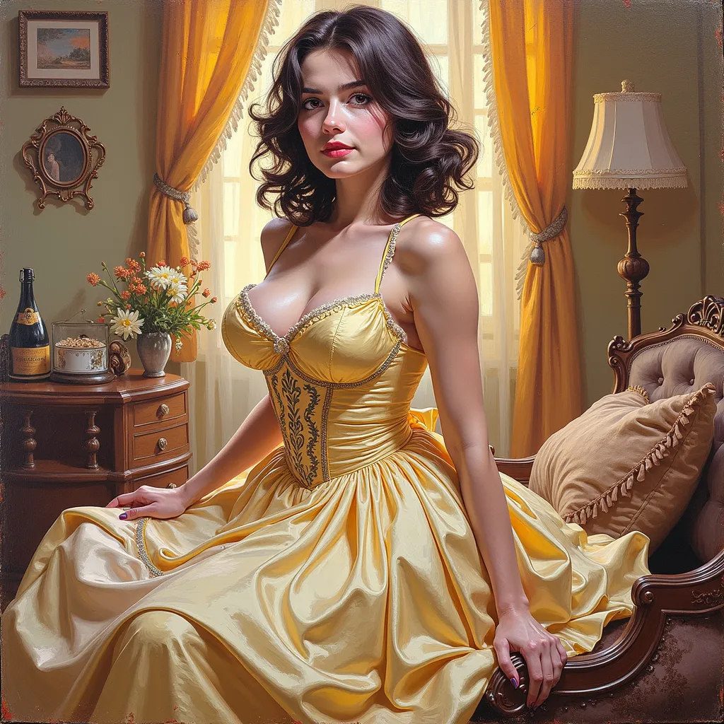 A girl in a yellow dress, with brunette hair and a yellow hat, named Jane. She has a sexy and attractive appearance. big and appealing breasts. The medium used to depict this artwork is oil painting, ensuring a high-quality and detailed result. The paintin...