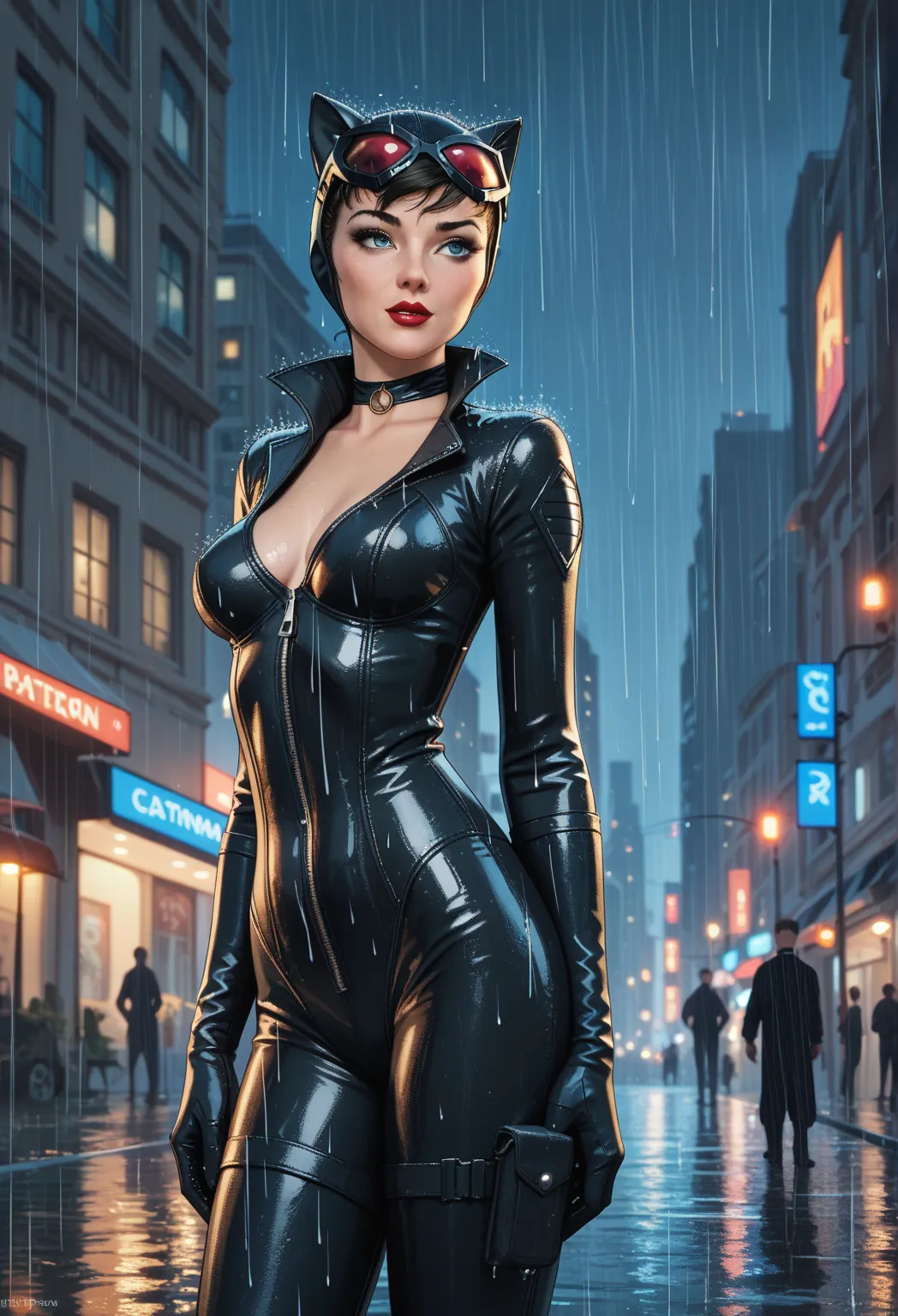 1man, 1girl, Catwoman and Batman, city, nighttime, rain,