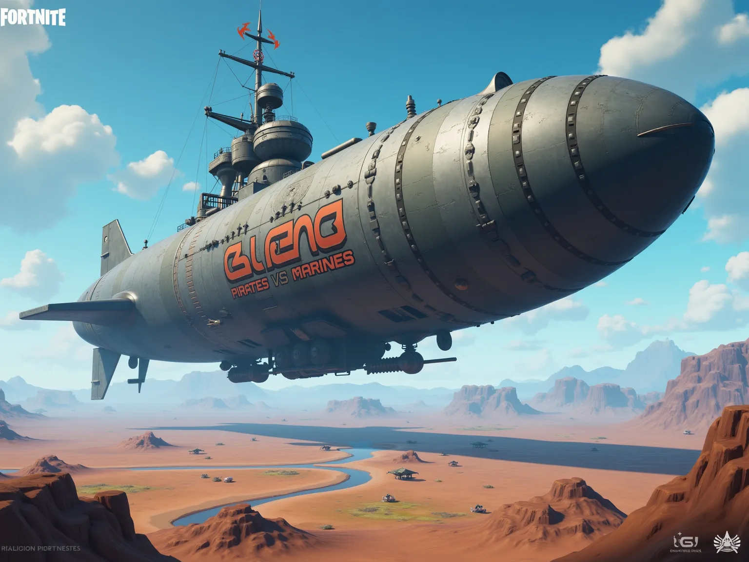 A military airship thumbnail with the logo inscribed BLIMP WARS: Pirates VS Marines. For a Fortnite creative map