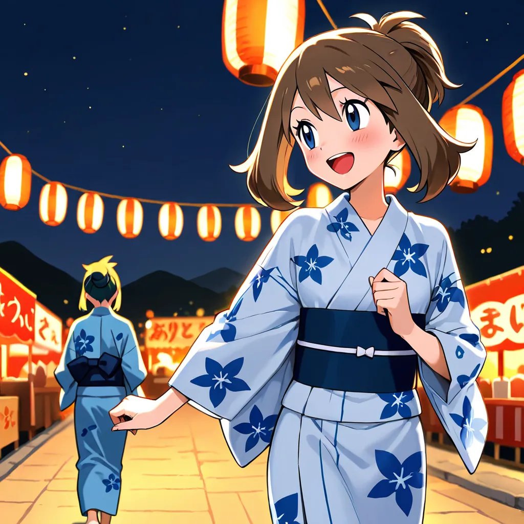 Create an image of May from Pokemon wearing a yukata while walking at a Japanese festival during the night smiling joyfully and blushed and only May should appear in the image