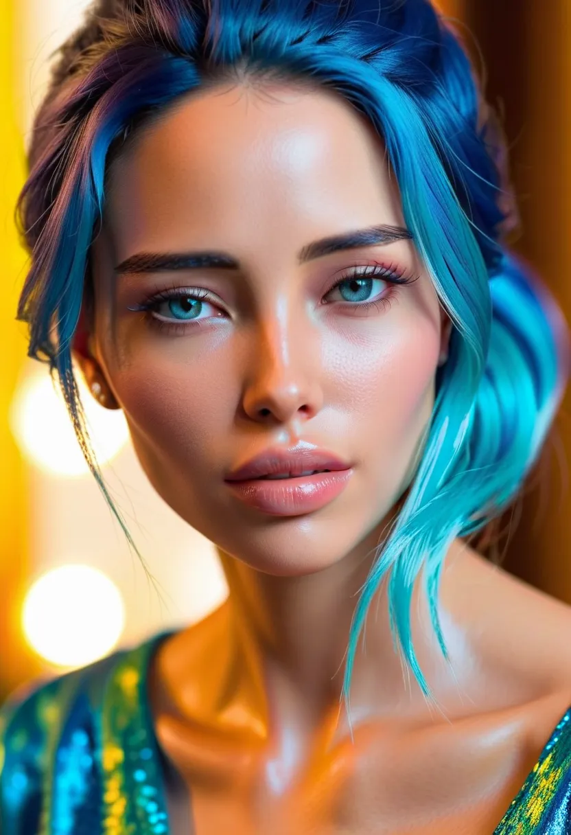  1girl , Alone, a very attractive looking woman, delicate face, smooth pele, clear and expressive eyes,  Well-defined eyebrows , makeup style, ( Her lips are plump , shiny and blue, with a vibrant shade of blue), blue hair clothing, Your hair is loose, sli...