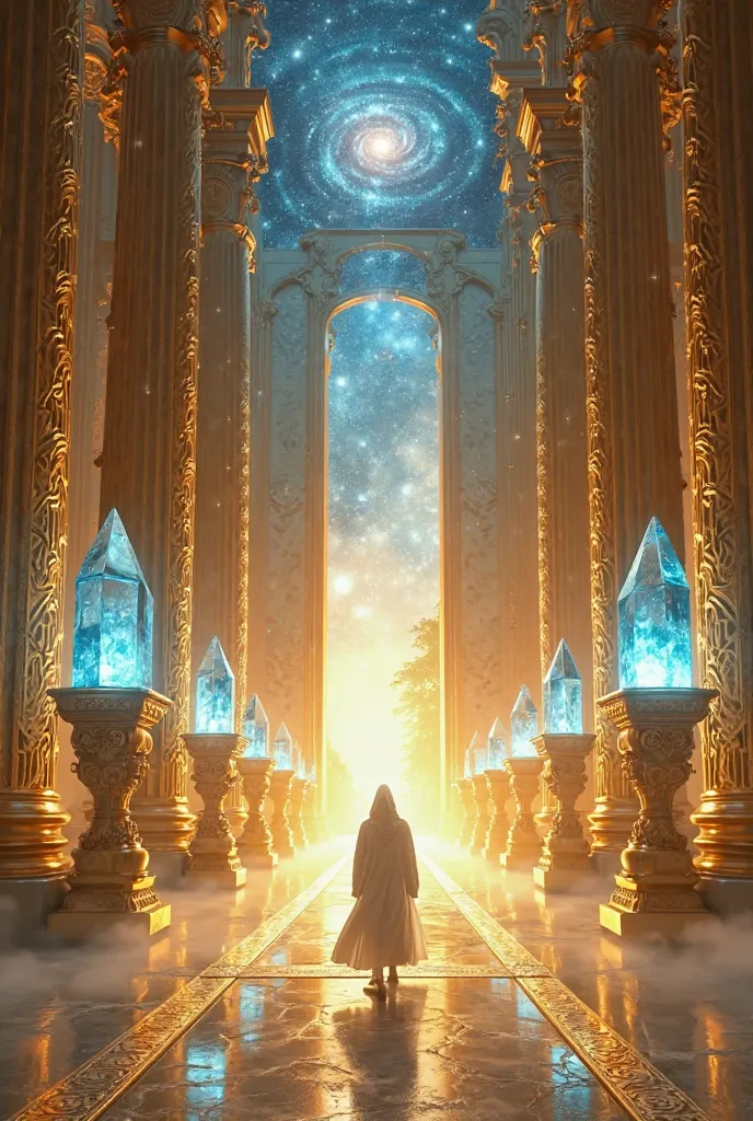 A majestic golden palace with towering columns adorned with intricate carvings and glowing diamond crystals. A long, reflective golden pathway leads to a radiant celestial gate. Along the pathway, large, luminous blue crystals stand on ornate pedestals, ca...