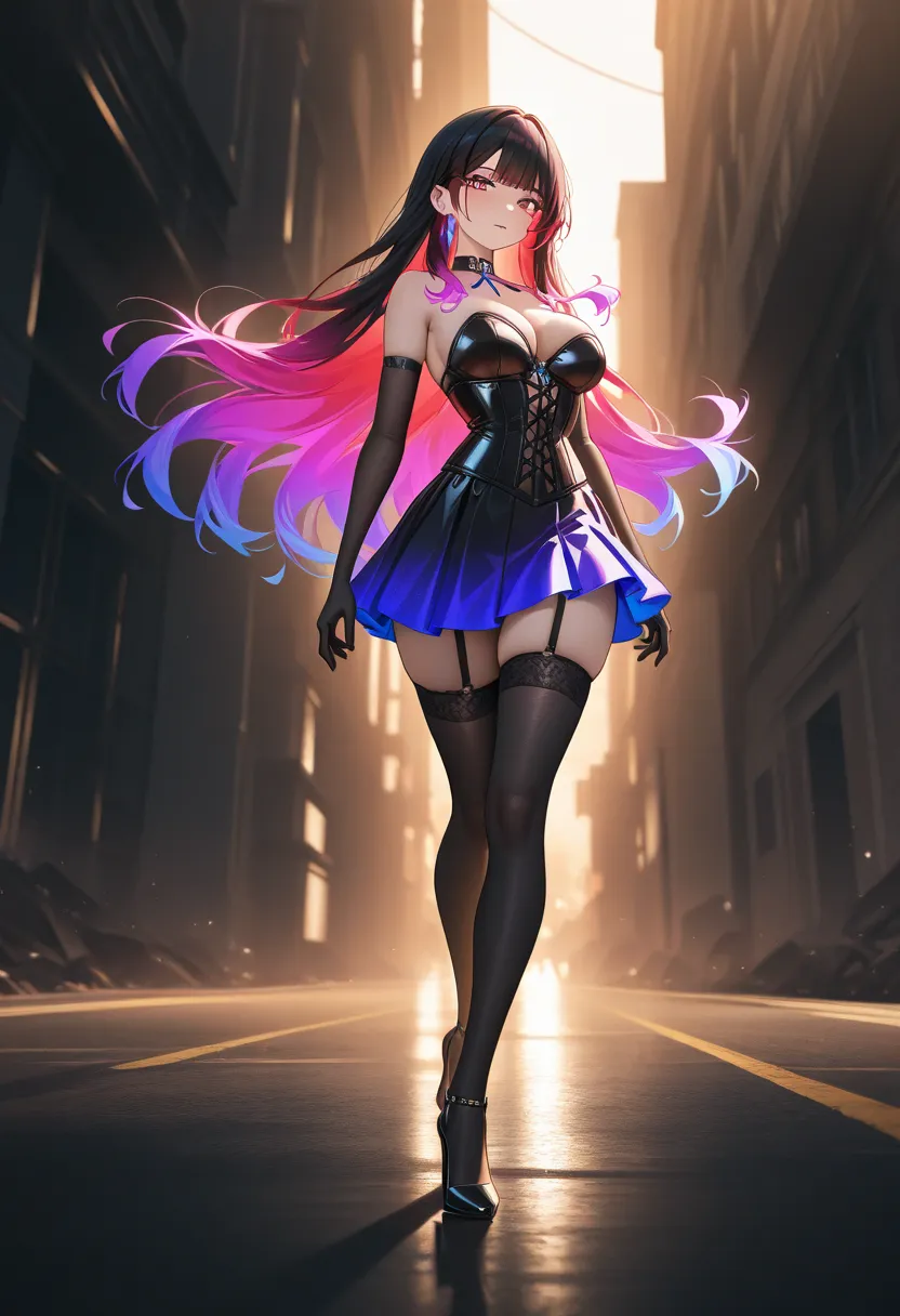 masterpiece, best quality, newest, beautiful attractive woman, multicolored gradient hair, bustier, Skirt, stockings, high heels, vivid colors, dramatic lighting, environmental background, Graceful posture, Dangerous look, didipaint,