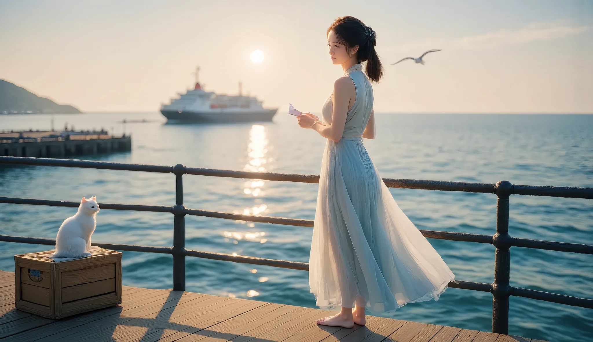 A semi-realistic illustration of a young woman standing alone on a quiet harbor pier at sunset, gazing at a departing ship fading into the golden horizon. She wears a modernized Hanfu-inspired dress in soft blues and whites, flowing gently in the ocean bre...