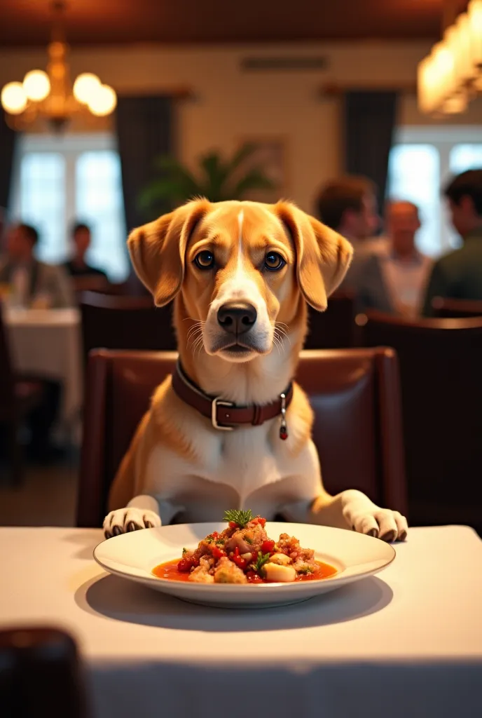 chien mangeant de la nourriture au restaurant