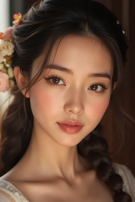 "A charming 28-year-old Northeastern Thai woman with fair, slightly golden skin, sharp yet warm features, high cheekbones, and almond-shaped eyes that carry a hint of playful mischief, her face consistent across every scene."
