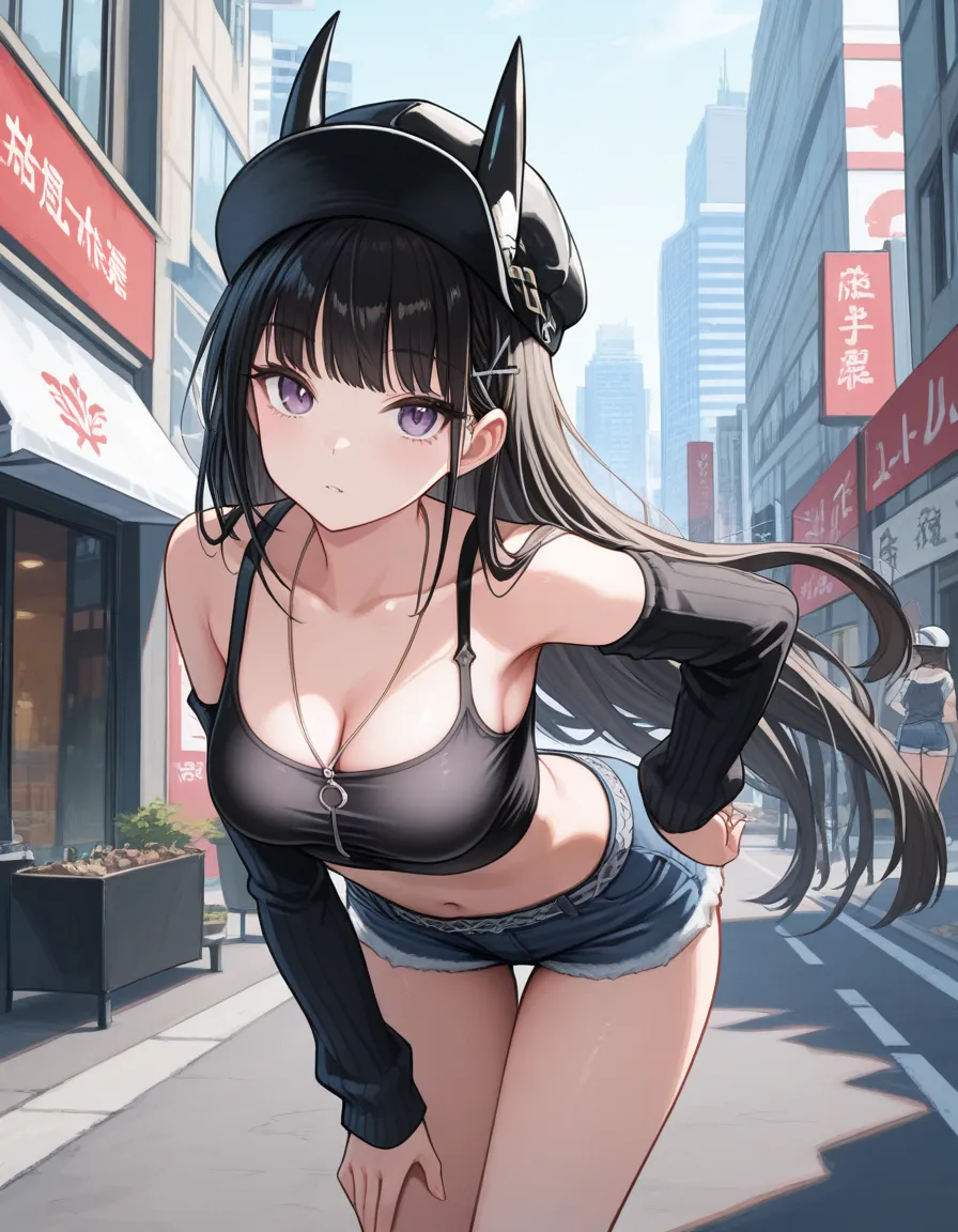  masterpiece,Best Quality,noshiro \(dressed-up date\) \(Azur Lane\),crop top,Baseball cap,denim shorts,detached sleeves,City，street，sneak，tight，Meidum Breasts ，Akimbo， lean forward 