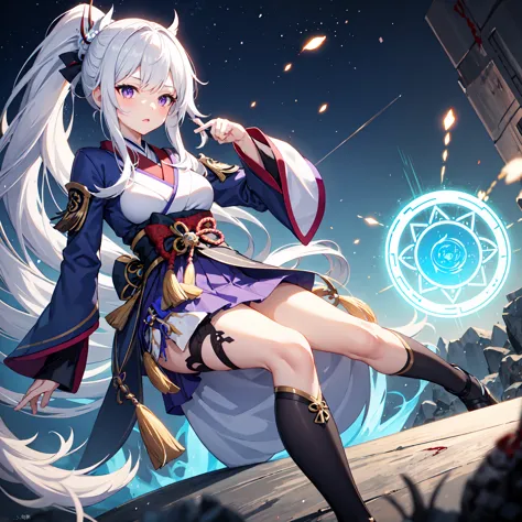 1 Girl,  Japanese costume , Ponytail ,White hair, purple eyes, Magic Circle, Blue Fire, Blue Fire, wallpaper, landscape, Blood, Blood splatter, depth of field, night, light particles, Light,  side lighting , thigh,  \(series\),  Genshin, ****, Open the jac...