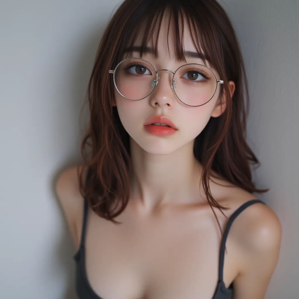 8k, masterpiece, highest quality, Beautiful Women, Close-up, Red hair, pale skin, orange-red lips, large eyes, round glasses, ((medium breasts, cleavage:1.6, (erect nipples, covered nipples:0.7), sultry bombshell)), black turtleneck knit sweater that fits ...