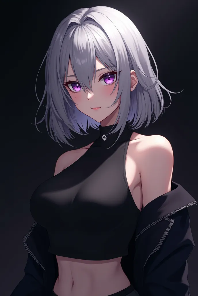 anime man, 25 years old, mature, silver medium-lenght hair, violet eyes, elegant, dark background, black cropped top, top with one bare shoulder