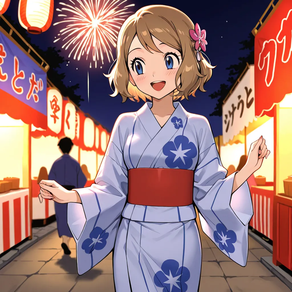 Create an image of Serena from Pokemon wearing a yukata while walking at a Japanese festival during the night smiling with joy and blushing and only Serena should appear in the image