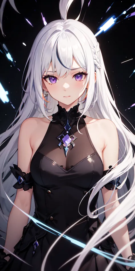 Masterpiece,8k, 1girl, white hair, multicolored hair, purple eyes,  on the head, sidelighting,  light particles , wallpaper,