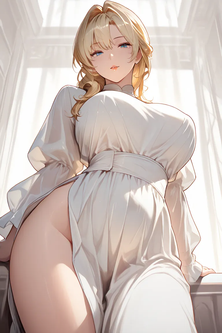 Masterpiece, high contrast, very aesthetic, mature female, blonde, blue eyes, ultra detailed, highres, best quality, seductive pose, noblewomen