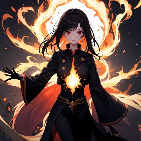 1 Girl, dark hair,  red eyes, Fire Witch, Blood, light particles, Light, wallpaper, high contrast, colorful,