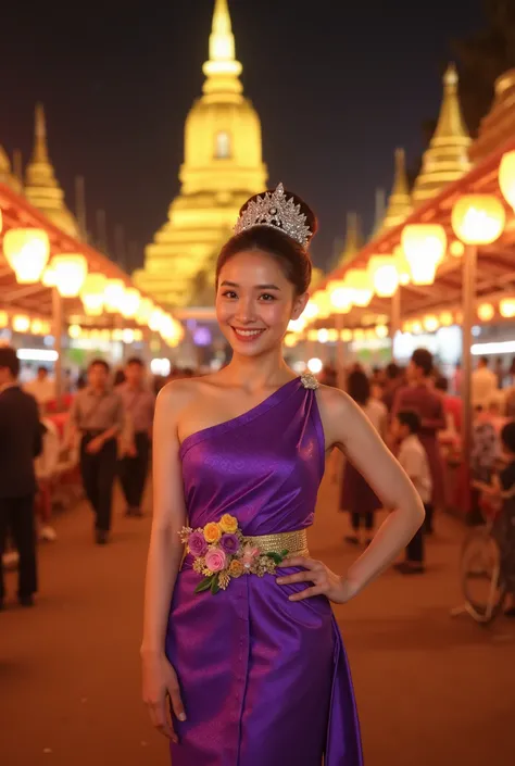 "Wearing a vibrant purple pha khao ma tied as a strapless dress with a floral sash, her long hair styled in a high ponytail with a glittery hairpin, her familiar face lights up with wide eyes and a bright grin as she stands amidst the glowing lanterns and ...