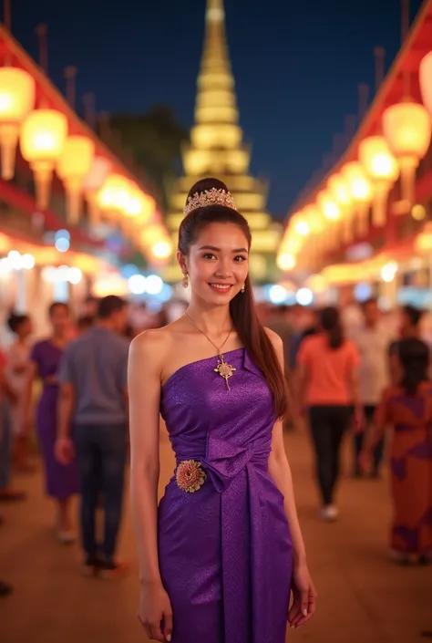 "Wearing a vibrant purple pha khao ma tied as a strapless dress with a floral sash, her long hair styled in a high ponytail with a glittery hairpin, her familiar face lights up with wide eyes and a bright grin as she stands amidst the glowing lanterns and ...