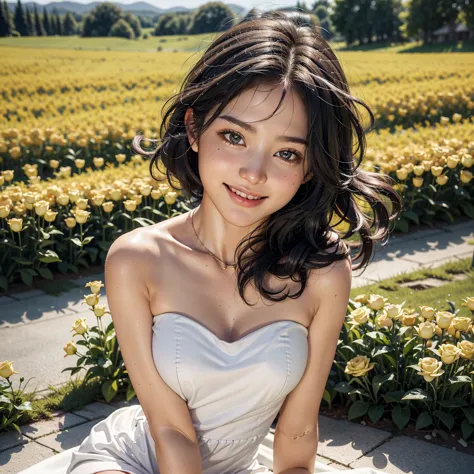 Best Quality,  masterpiece,  ultra high resolution , ( realistic photo :1.4), Original Photo, 1 Girl, white dress,  strapless, A field of blooming flowers, Brightening skin , Smile