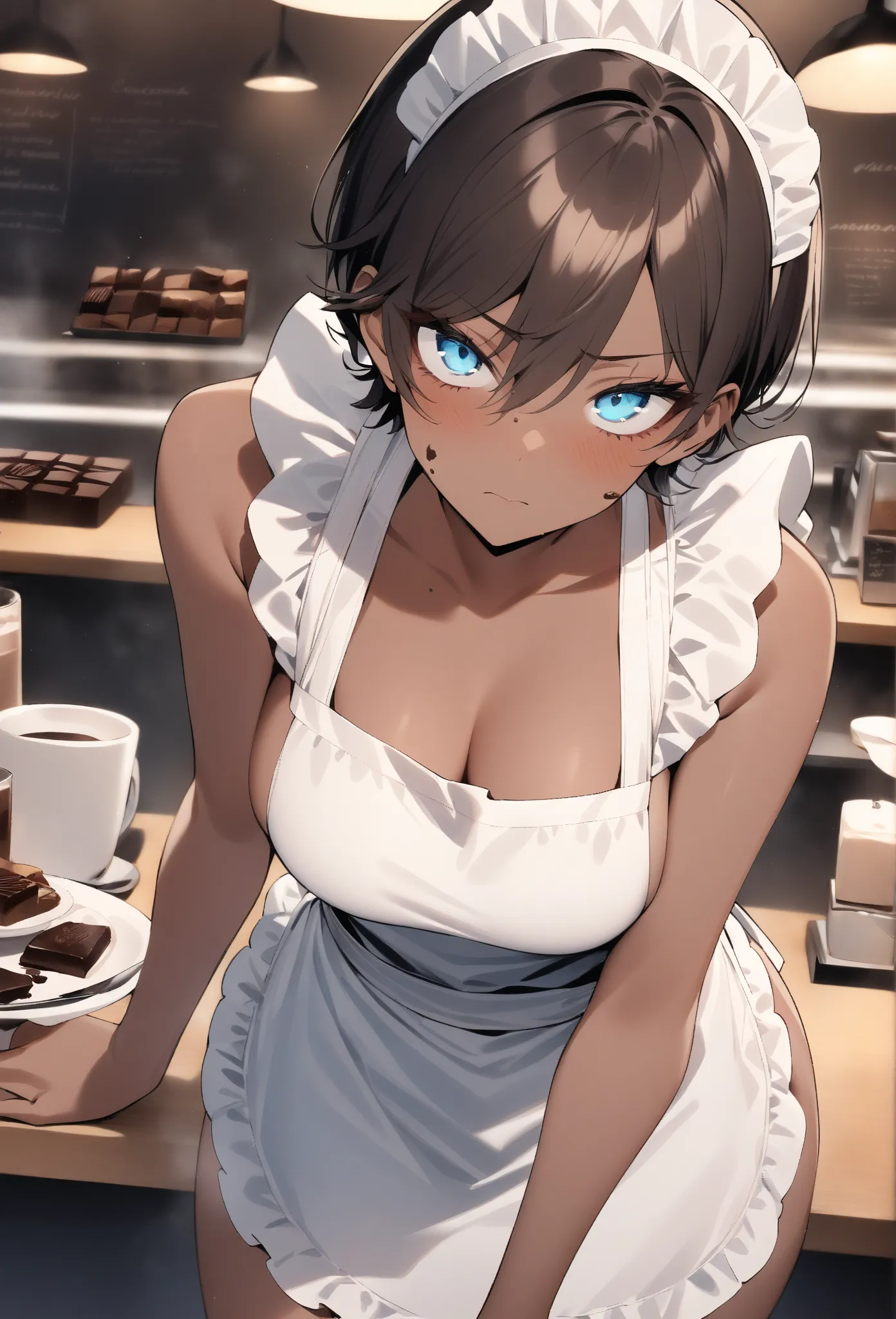 (masterpiece, best quality:1.2),solo, (1 female,Maid, naked apron, bare shoulders),dark skin, tomboy female, sporty chic, athletic, large eyes, leaning foward serving viewer,smooth skin,in a coffee shop,(disdain, endured face),(Disgusted Look:1.0),chocolat...