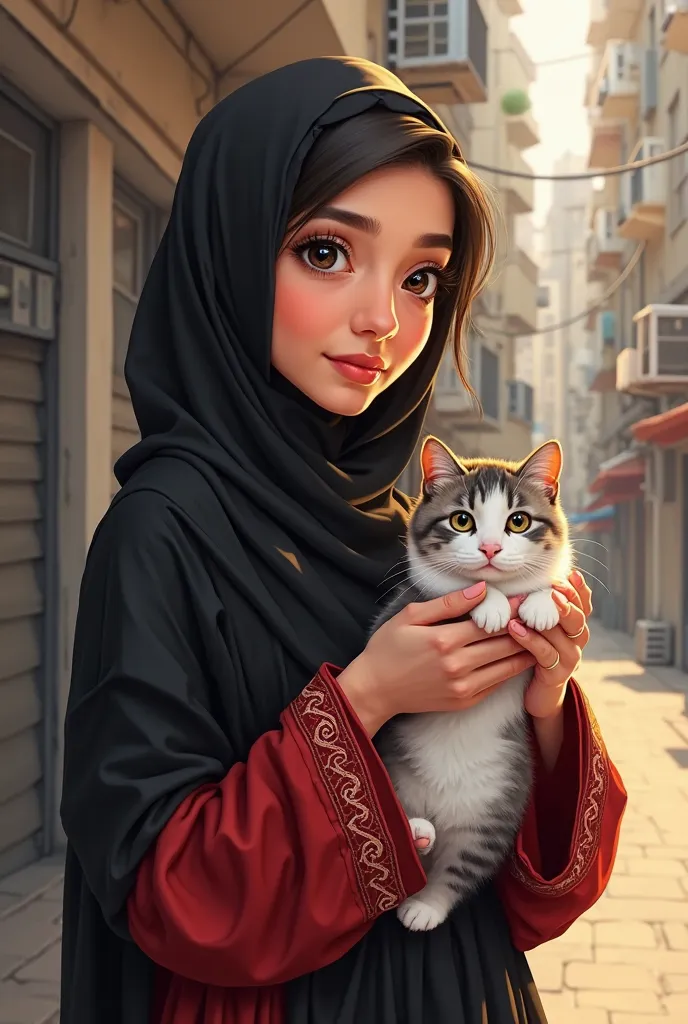 A semi-realistic digital illustration of a modest woman wearing a black and red niqab and hijab, with intricate embroidered cuffs on her sleeves. She is holding a small, white and gray cat gently in her hands. Her deep, expressive eyes are visible, conveyi...