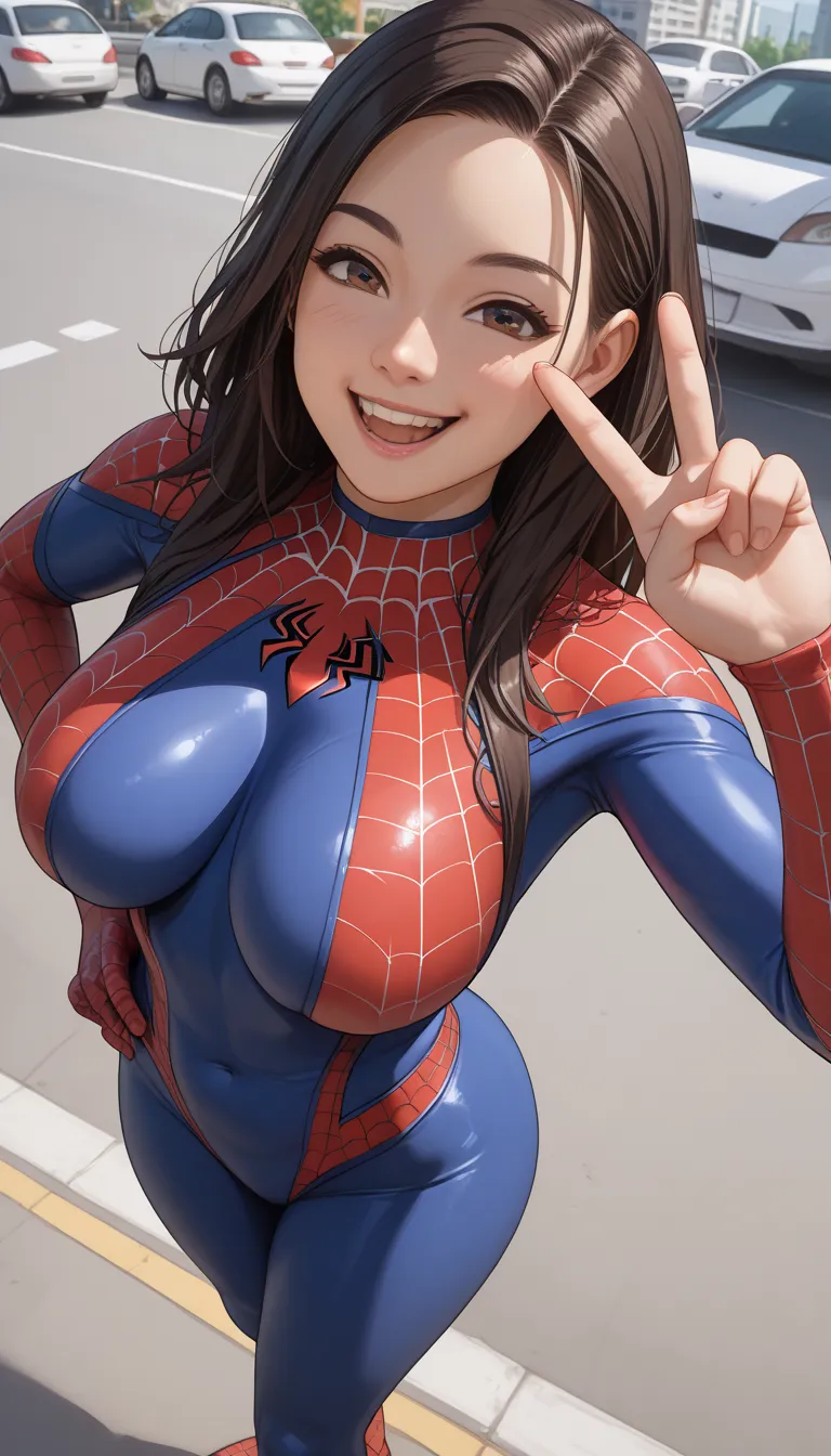 score_9, score_8_up, score_7_up,  source_Anime top quality、8k、 masterpiece、Ultra High Precision、 natural light、perfect anatomy、 One Woman、Big Breasts、saggy breasts、Okuzumi Yuiko、 dark hair、((is embarrassing:1.3、happy))、Spiderman Bodysuit、((Middle of the ro...