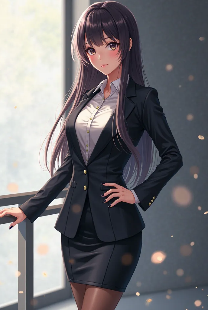 Creat a sexy anime girl wearing business clothes and black stocks