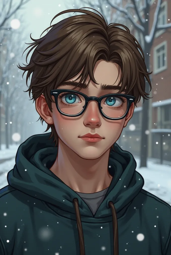 A young man of slavic descent, 18 years old. Blue  eyes and brown hair, wears glasses. The young man is based on anton from the russian horror visual novel "tiny bunny" Setting, a public high school in siberia, russia.