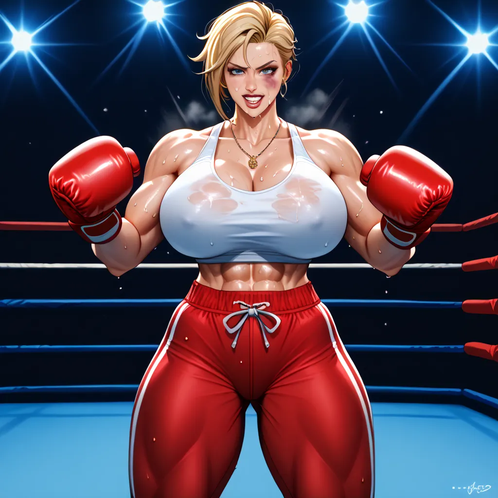 A school in a boxing ring、A woman wearing boxing gloves on both hands、A desperate and unfocused look、He was beaten up so badly that he was in a lot of pain, UHD, retina, super detail, high quality, 4K, wearing the kickboxer uniform, Large Breasts, covered ...