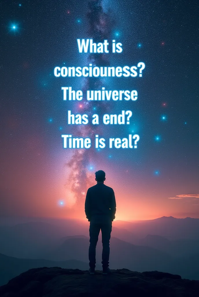 A human silhouette standing before a vast cosmic horizon, with colorful nebulae and bright stars in the background. In front of you, a floating hologram displays several intriguing questions such as 'What is consciousness?', 'The universe has an end?', 'Ti...