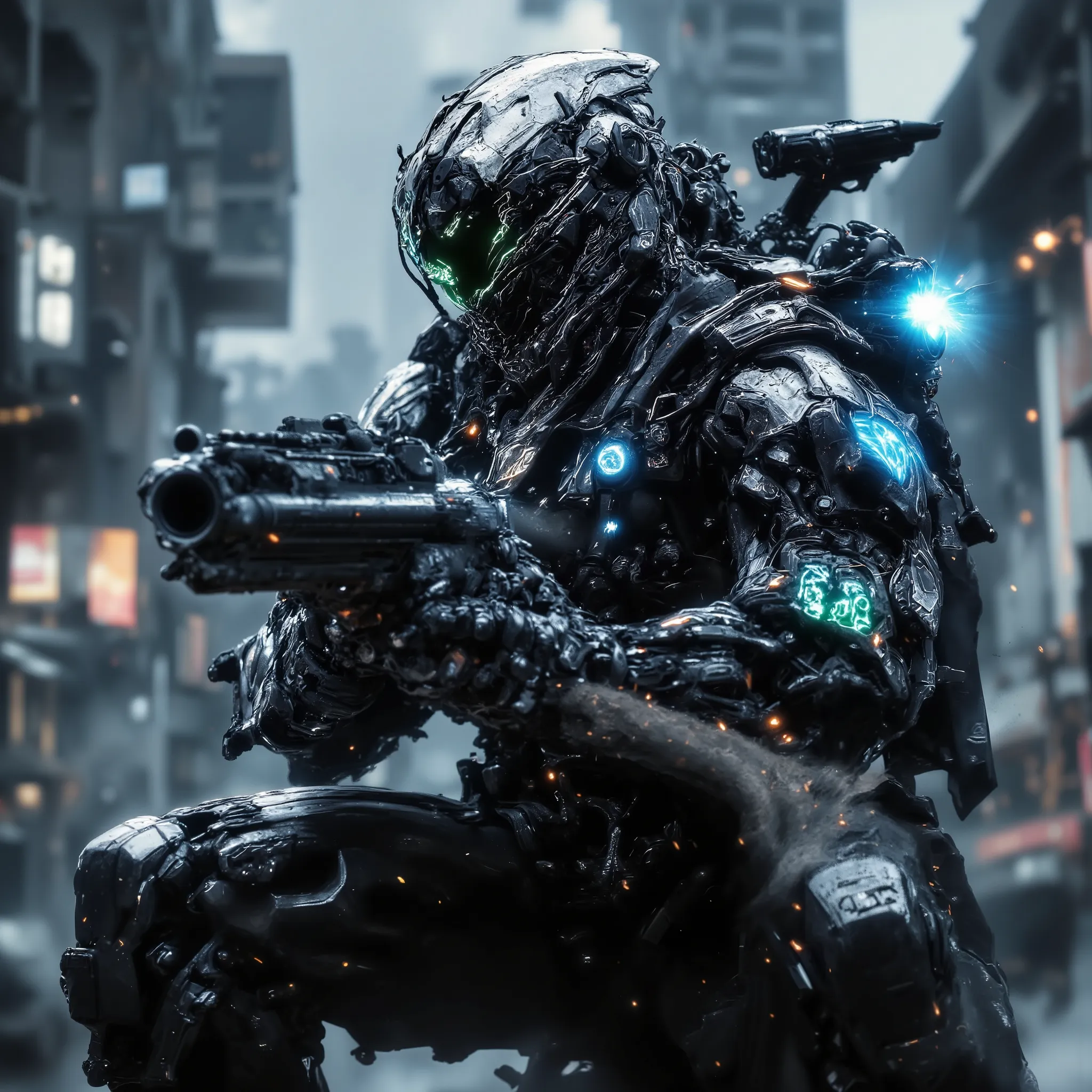 high tech soldier、equipped with a little bit of metal and carbon armor on his right shoulder、Body location 々A blue-green light source、Small drone on the right shoulder、I'm shooting an assault rifle、 male、battlefield、 Gunfight