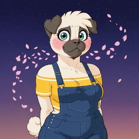 Anthro pug girl, green eyes, big eyes, big eyelashes, narrow shoulders, wide hips, thick thighs, chubby, solo, yellow top short sleeves, denim overall, starry sky, small hands, chubby thighs, medium breasts, black eyeliner, makeup, short hair, pug tail, fu...