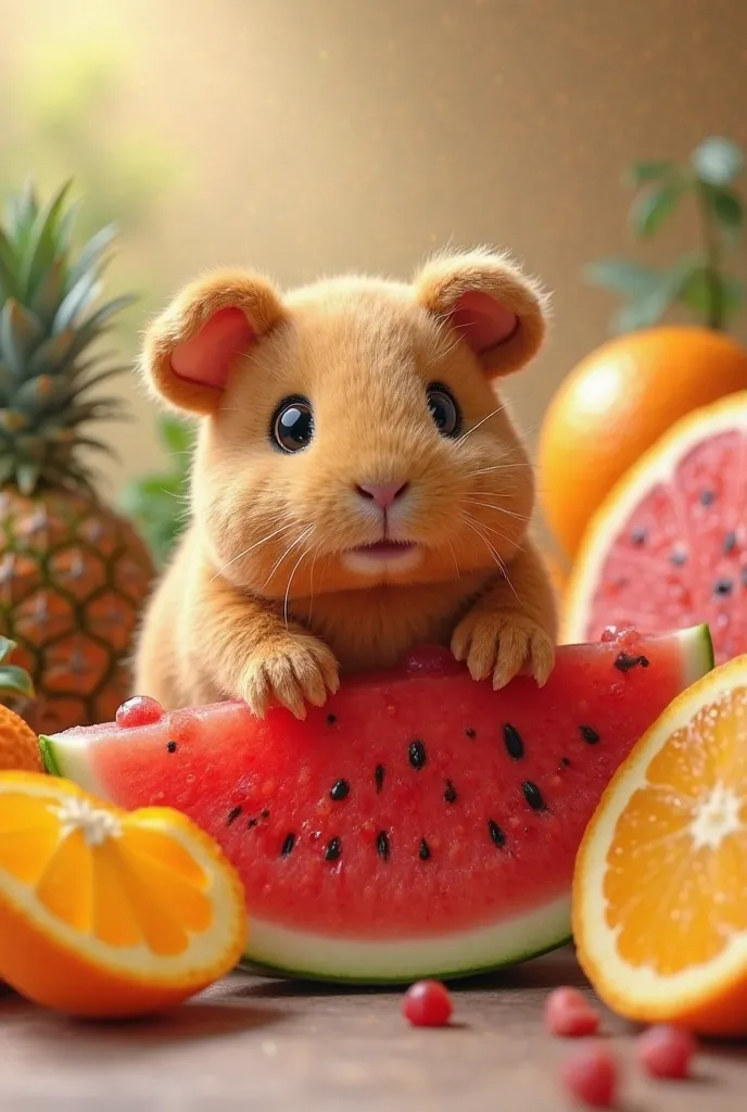 Brown water guinea pig stuffed animal, on top with orange fruit, eating watermelon