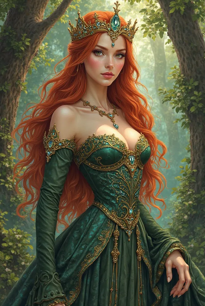 traditional realistic illustration of a woman with red hair and light brown eyes. Dressed in a forest dress with jewels and an elven crown on her head. a background forest