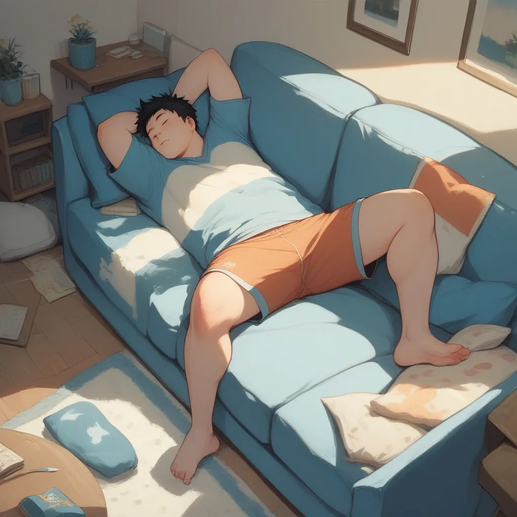 boy, Fat, 1人のboy, Alone, male focus, , short hair,  sleep , lies to Vibra, Sofa, living room, 